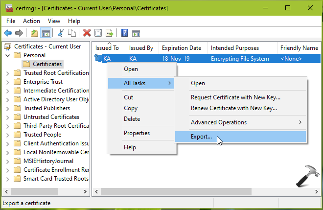 windows 10 backup your file encryption certificate and key