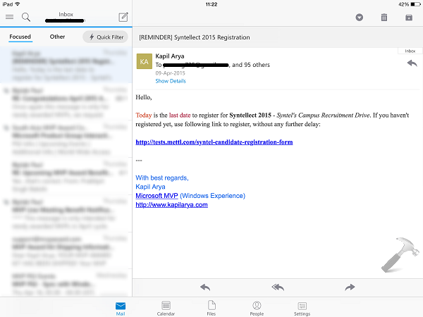 where to find sent mail in outlook app on ipad