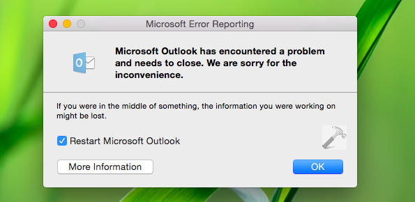 mac micrsoft outlook 2016 keeps crashing