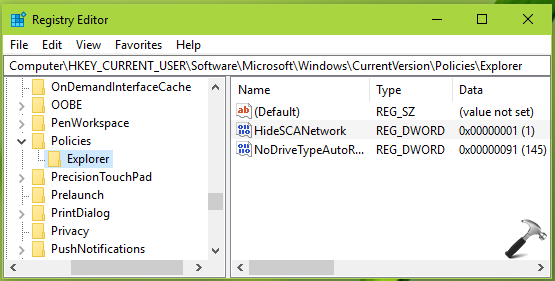 hkey_current_user software microsoft windows currentversion policies explorer missing