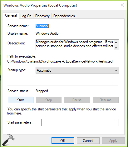 audio service not running windows 10