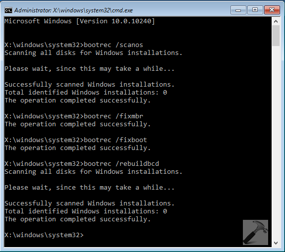 bootrec rebuildbcd total identified windows installations 0