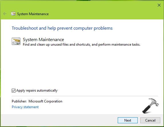 system maintenance troubleshooter windows 10