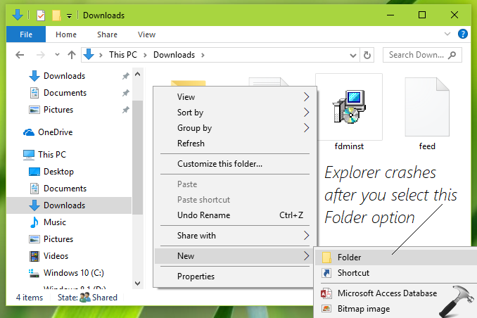cannot create a new folder in windows 10