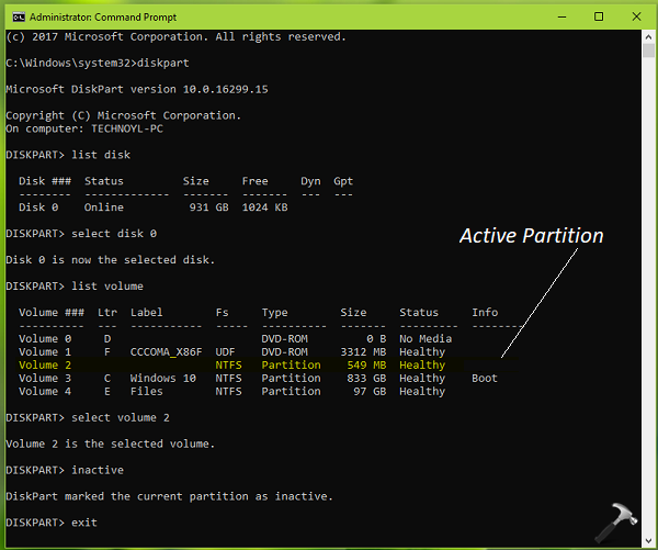 set active partition windows 10 cmd