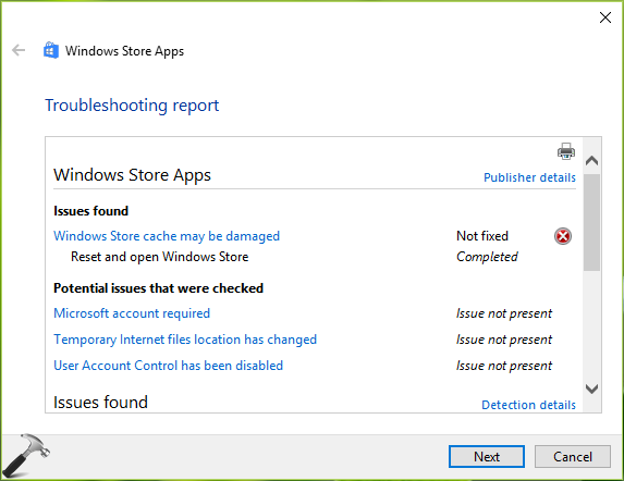 windows store cache may be damaged windows 10