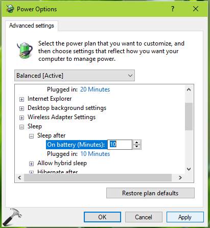 change sleep time on windows