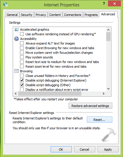 resetting internet explorer 10